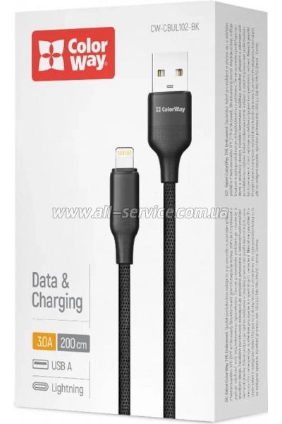 ���� ������ USB 2.0 AM to Lightning 2.0m 3A TPE embossed black ColorWay (CW-CBUL102-BK)