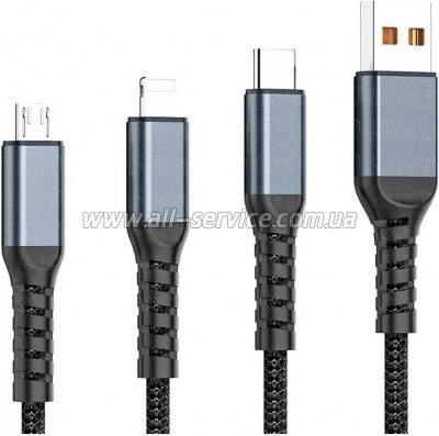 ���� ������ USB 2.0 AM to Lightning + Micro 5P + USB-C 1.2m 100W nylon black XoKo (SC-3100)