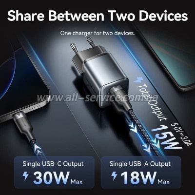�������� ������� Vention 1xUSB-C PD30W + 1xUSB QC3.0 18W GaN gray (FEWH0-EU)
