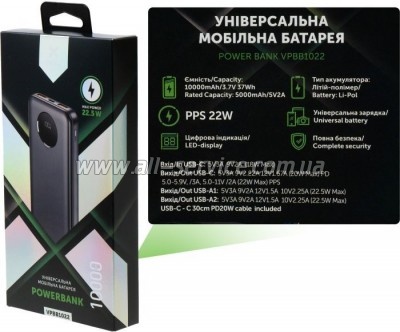   Vinga 10000 mAh 22.5W Display Black (VPBB1022)