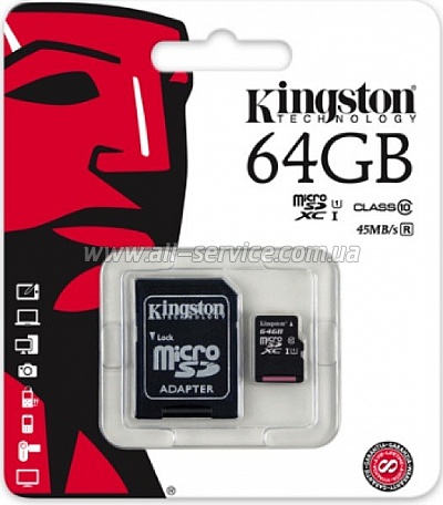   64GB Kingston microSDXC Class 10 UHS-I + SD  (SDC10G2/64GB)