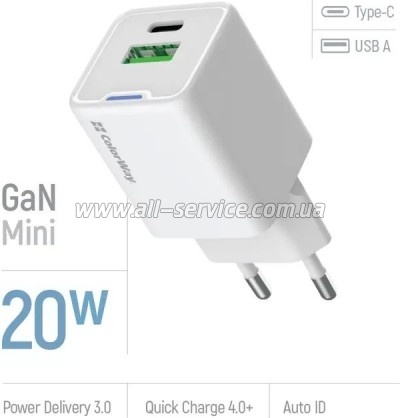 �������� ������� ColorWay USB-C PD20W + 1xUSB QC4.0 white (CW-CHS062PD-WT)
