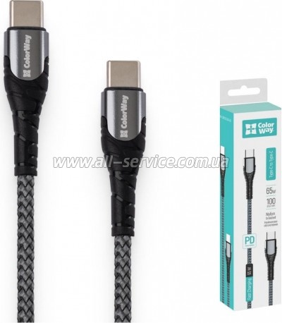 ���� ������ USB-C to USB-C 1.0m PD Fast Charging 65W 3� grey ColorWay (CW-CBPDCC040-GR)