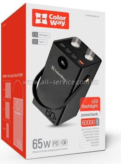   ColorWay 60000 mAh Powerful PD/ 65W, QC/ 4.0, AFC, FCP, Black (CW-PB600LPA5BK-PDD)