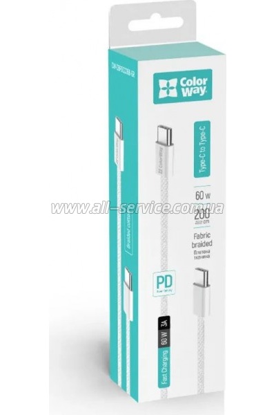 ���� ������ ColorWay USB-C to USB-C 2.0m PD 60W grey (CW-CBPDCC068-GR)