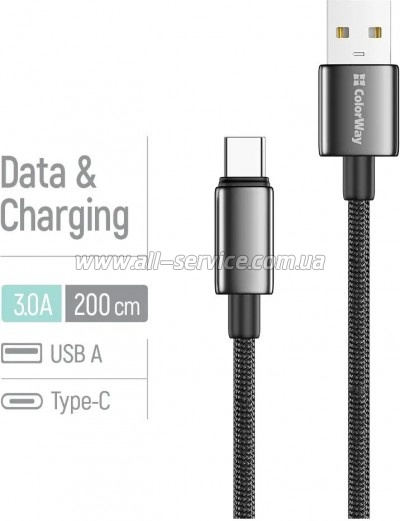 ���� ������ USB 2.0 AM to USB-C 2.0m 3A zinc alloy braided black ColorWay (CW-CBUC099-BK)