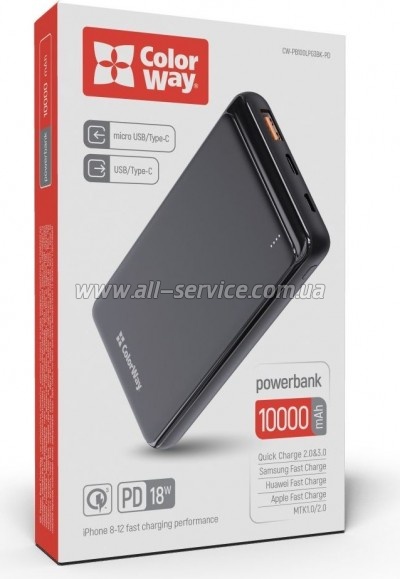 ������� ������������� ColorWay 10000mAh Slim PD 18W Black (CW-PB100LPG3BK-PD)