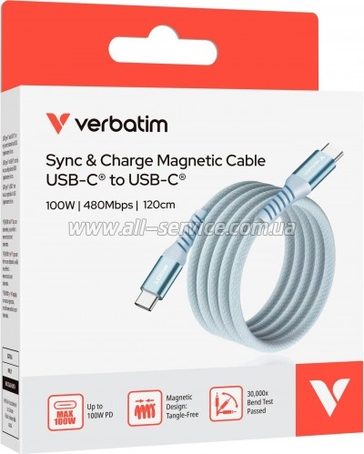 ���� ������ USB-C to USB-C 1.2m Magnetic 100W blue Verbatim (31856)