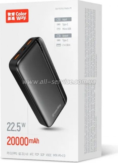   ColorWay 20 000 mAh Portable Charger (USB/QC3.0 + USB-C/PD/22.5W) Black (CW-PB200LPB4BK-PD)