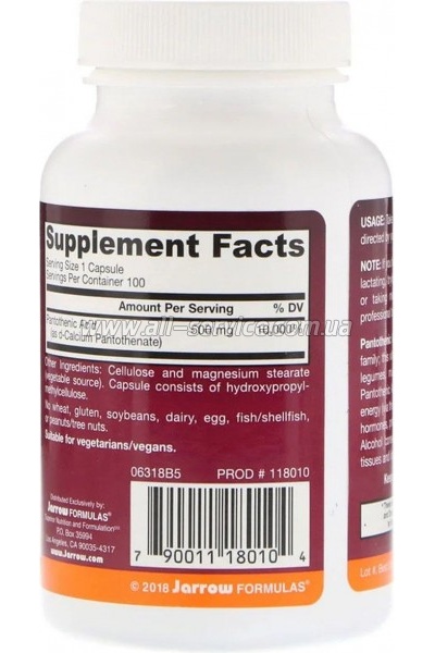  Jarrow Formulas   (B5) Pantothenic Acid, 500 , 100  (JRW-18010)