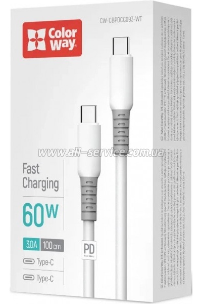 ���� ������ USB-C to USB-C 1.0m 3A PD60W liquid silicone white ColorWay (CW-CBPDCC093-WT)