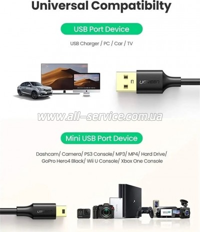 ���� ������ USB 2.0 AM to Mini 5P 3.0m 2A PVC black Ugreen (UGR-10386)