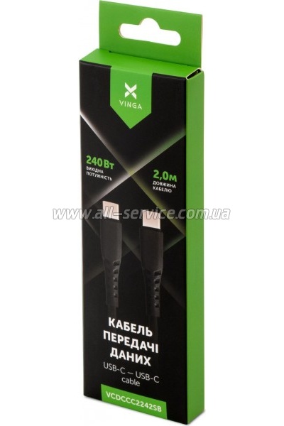���� ������ USB-C to USB-C 2.0m 240W Chip Silicon Black Vinga (VCDCCC2242SB)