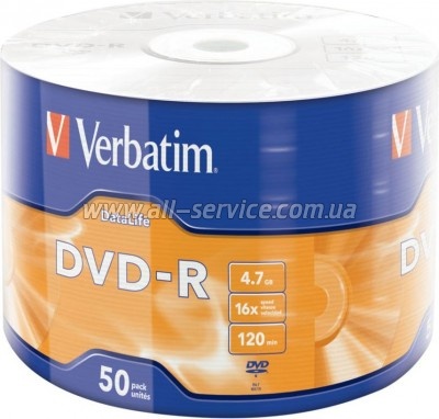 ���� Verbatim DVD-R 4.7 GB/120 min 16x Silver Cake Box 50�� (43791)