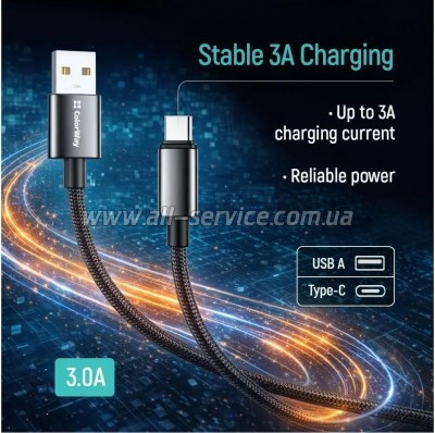 ���� ������ USB 2.0 AM to USB-C 1.0m 3A zinc alloy braided black ColorWay (CW-CBUC098-BK)