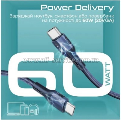 ���� ������ USB-C to USB-C 1.2m 60W PD FletchLink-CC blue Promate (fletchlink-cc.blue)