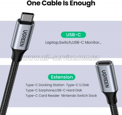 ���� ������ Ugreen USB-C M/F 1.0m 5A 10Gbps USB 3.1 black (30205)