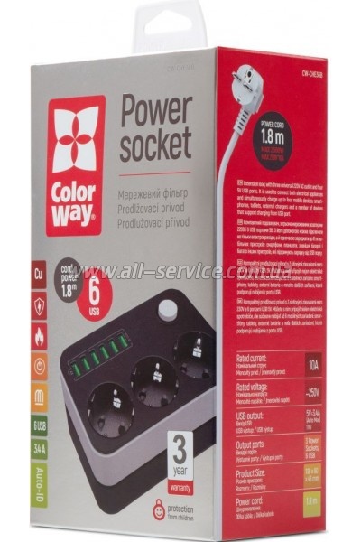 ������� ������ �olorWay 3 �������/ 6USB Black 1.8M (CW-CHE36B)