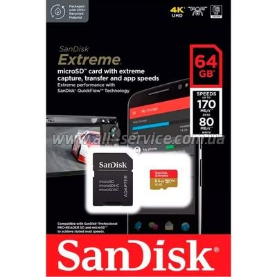   SanDisk 64GB microSD class 10 UHS-I Extreme For Action Cams and Dro (SDSQXAH-064G-GN6AA)