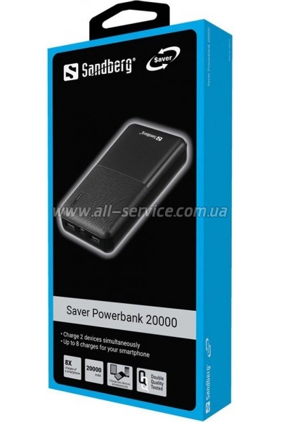   Sandberg 20000mAh, Saver, USB-C, Micro-USB, output: USB-A*2 Total 5V/2.4A (320-42)