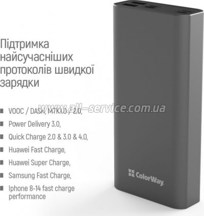   ColorWay 20 000 mAh PD/20W, QC/3.0, USB-C/Micro-USB/Lightning/USB-A max.22.5W Gray (CW-PB200LPH3GR-PDD)