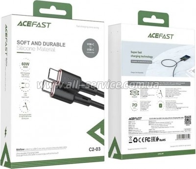 ���� ������ USB-C to USB-C 1.2m 3A 60W silicone C2-03 black Acefast (6974316280729)