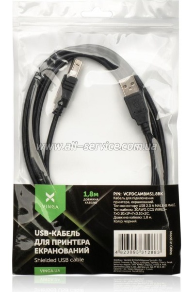 ������ ��� �������� USB 2.0 AM/BM 1.8 m Shilded Vinga (VCPDCAMBMS1.8BK)