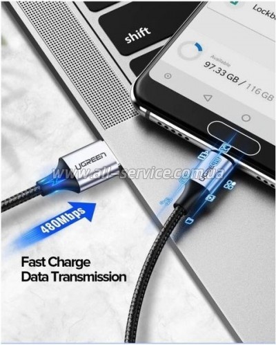 ���� ������ USB 2.0 AM to USB-C 1.5m US288 Aluminum Braid Black Ugreen (60127)