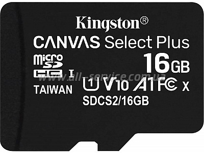   Kingston microSDHC 16GB Canvas Select Plus Class 10 UHS-I U1 V10 A1 (SDCS2/16GBSP)