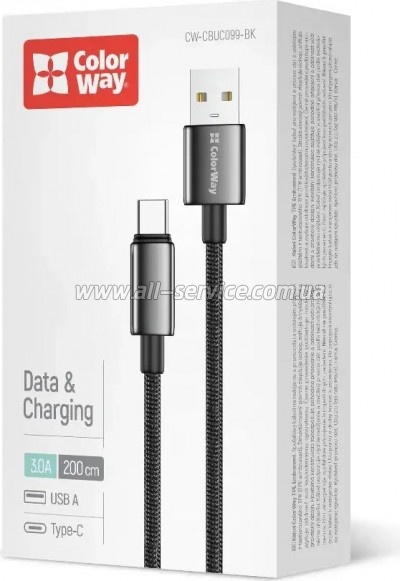 ���� ������ USB 2.0 AM to USB-C 2.0m 3A zinc alloy braided black ColorWay (CW-CBUC099-BK)