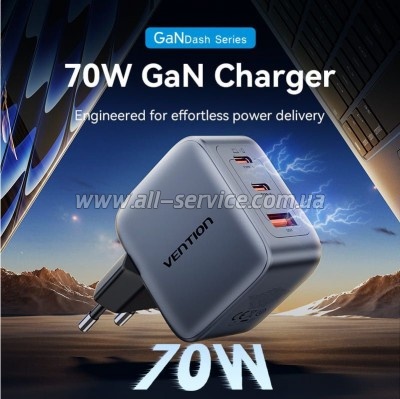 �������� ������� Vention 2xUSB-C PD70W + 1xUSB QC3.0 22.5W GaN gray (FEXH0-EU)