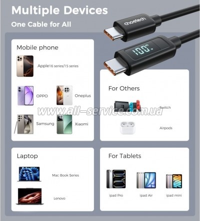 ���� ������ USB-C to USB-C 1.2m PD100W digital display silicone Choetech (XCC-1064)