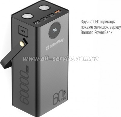   ColorWay 60000 mAh Powerful PD/ 65W, QC/ 4.0, AFC, FCP, Black (CW-PB600LPA5BK-PDD)