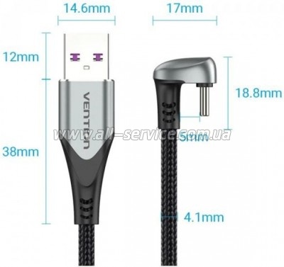 ���� ������ USB 2.0 AM to USB-C 1.5m 66W 180� U-Shaped aluminum alloy Vention (COHHG)