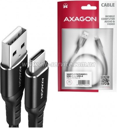 ���� ������ USB 2.0 AM to USB-C 1.5m black AXAGON (BUCM-AM15AB)