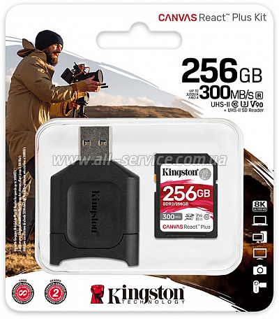   Kingston SDXC 256GB Canvas React Plus Class 10 UHS-II U3 V90 + USB- (MLPR2/256GB)