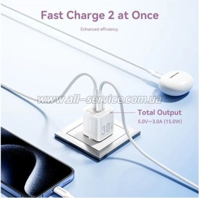 �������� ������� Vention 1xUSB-C PD30W + 1xUSB QC3.0 30W GaN + cable USB-C to USB-C 1.0m black (TZ-FEQB0-EU-01)