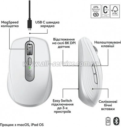  Logitech MX Anywhere 3S  MAC Wireless Pale Grey (910-006946)