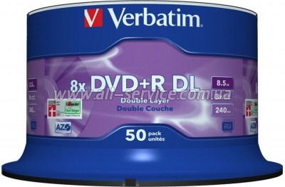 ���� Verbatim DVD+R 8.5 GB/240 min 8x Double Layer Cake Box 50�� (43758)