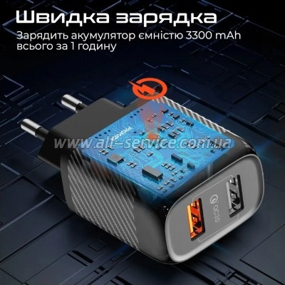 �������� ������� Promate 18W 2xUSB-A (biplug-qc3.eu-bk)