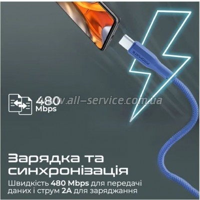���� ������ USB 2.0 AM to USB-C 1.2m Promate (xcord-ac.navy)