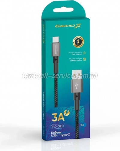 ���� ������ USB 2.0 AM to USB-C 1.0m 3A nylon black Grand-X (PC-08B)