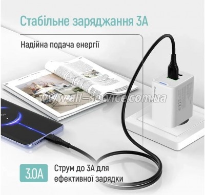 ���� ������ USB 2.0 AM to USB-C 1.0m 3A textured PVC black ColorWay (CW-CBUC094-BK)