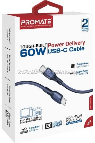 ���� ������ USB-C to USB-C 1.2m 60W PD FletchLink-CC blue Promate (fletchlink-cc.blue)