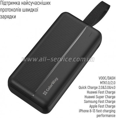   ColorWay 30000 mAh High-power 2 PD/ 20W, QC/ 3.0, USB-C/ Micro-USB (CW-PB300LPC2BK-PD)