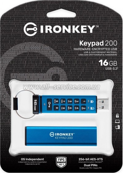 ������ Kingston 16GB IronKey Keypad 200 Blue USB 3.2 (IKKP200/16GB)