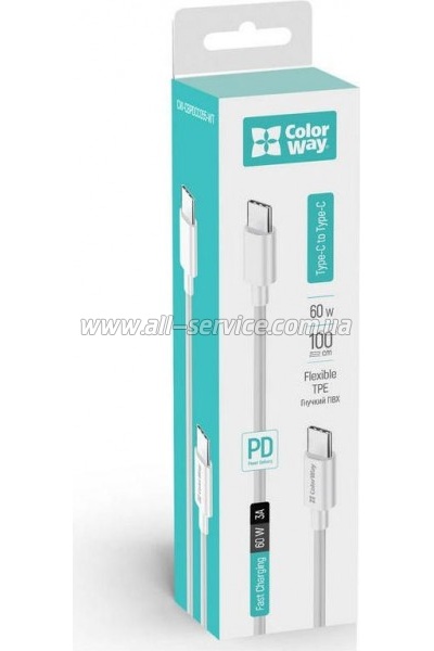 ���� ������ ColorWay USB-C to USB-C 1.0m 3A 60W white (CW-CBPDCC055-WT)