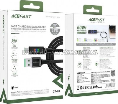 ���� ������ USB 2.0 AM to USB-C 1.2m 3A nylon with LED C7-04 black Acefast (6974316282785)