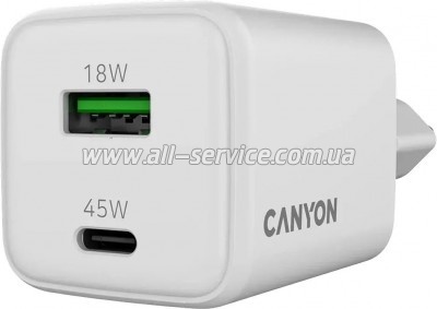 �������� ������� Canyon CU45AC GaN 45W 1xPD 1xQC EU White (CNS-CUW45AC)