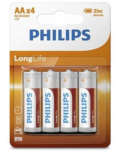  Philips LongLife Zinc Carbon AA BLI 4 (R6L4B/10)
